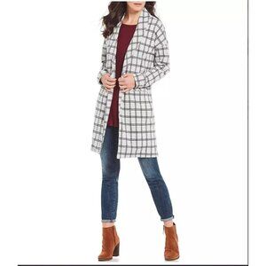Bobeau Women's Plaid Open Front Long Pea Coat Jacket Sweater Size Large